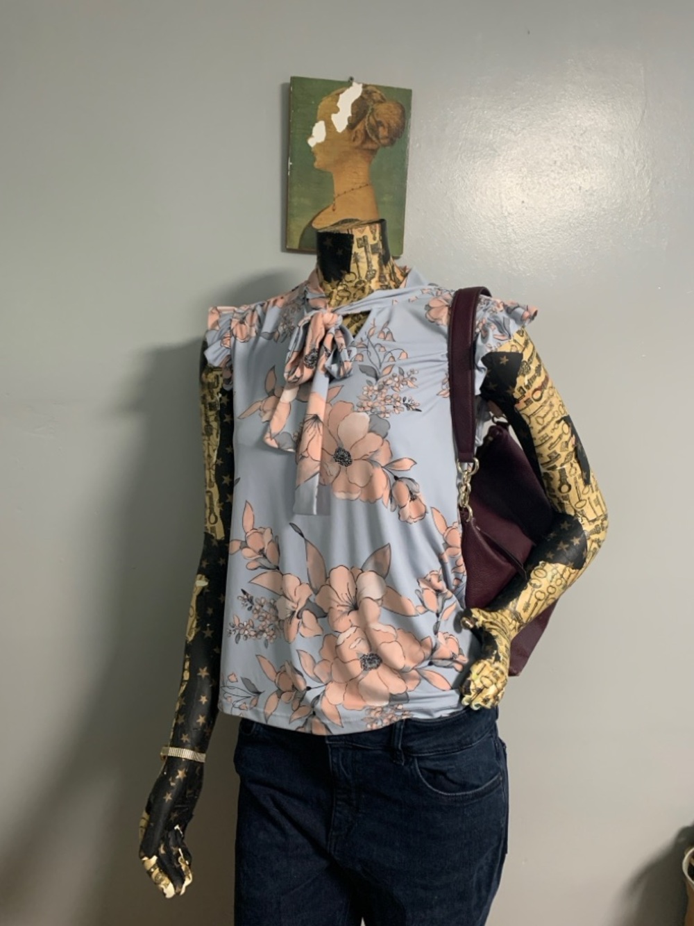 Calvin Klein Light Blue Floral Tie-Neck Sleeveless Blouse